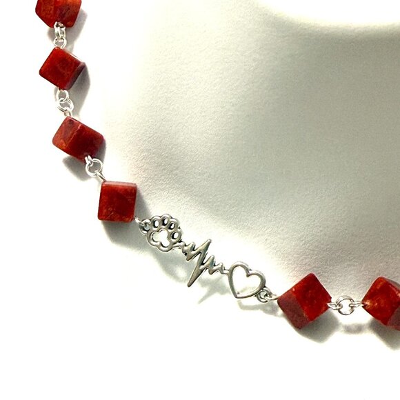 Red Reconstituted Coral w/ Silver Paw Print Heart Beat Pendant Necklace - Picture 1 of 14